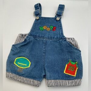 Vintage Mon Petit Boutique Denim Bubble Shortalls With Basketball Theme Size 2T